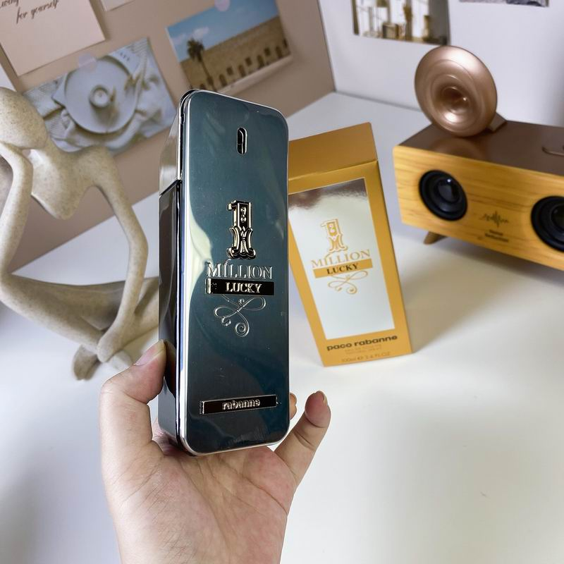 Paco Rabanne 1 Million Lucky silver bottle top view with R emblem cap