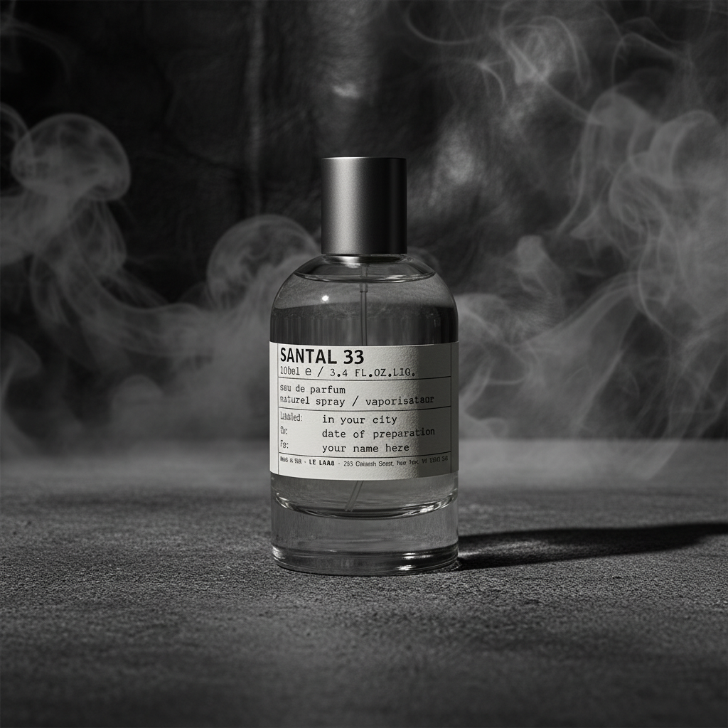Le Labo Santal 33 bottle on dark concrete with dramatic side lighting and smoke