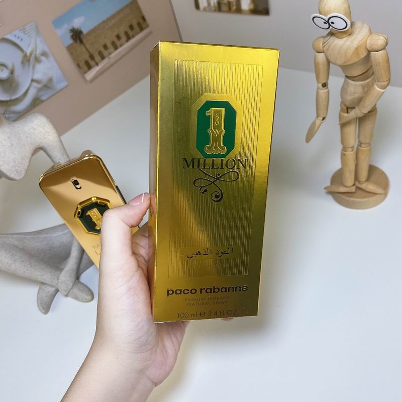 Paco Rabanne 1 Million Golden Oud bottle close-up showing green emerald emblem