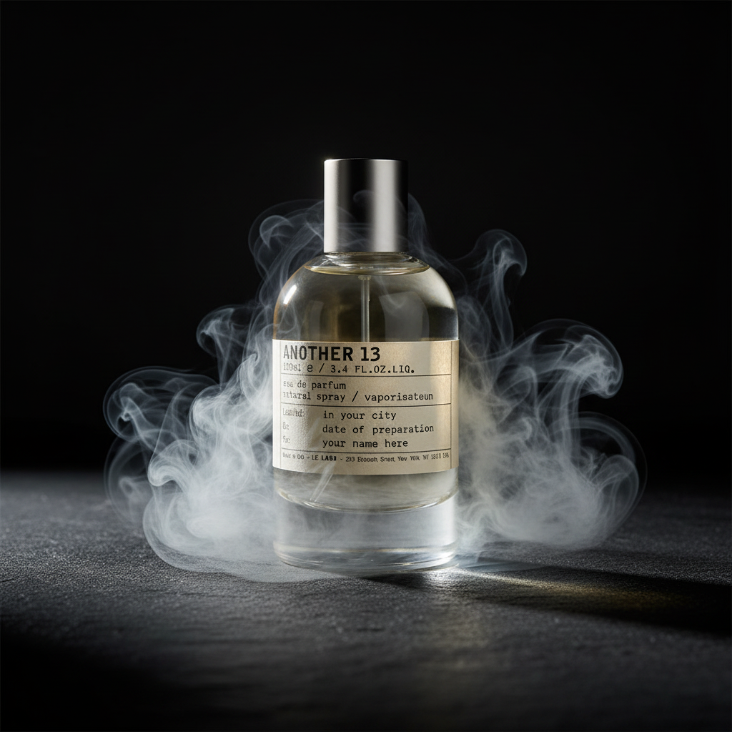 Le Labo Another 13 bottle on dark slate with smoke wisps, moody cinematic lighting