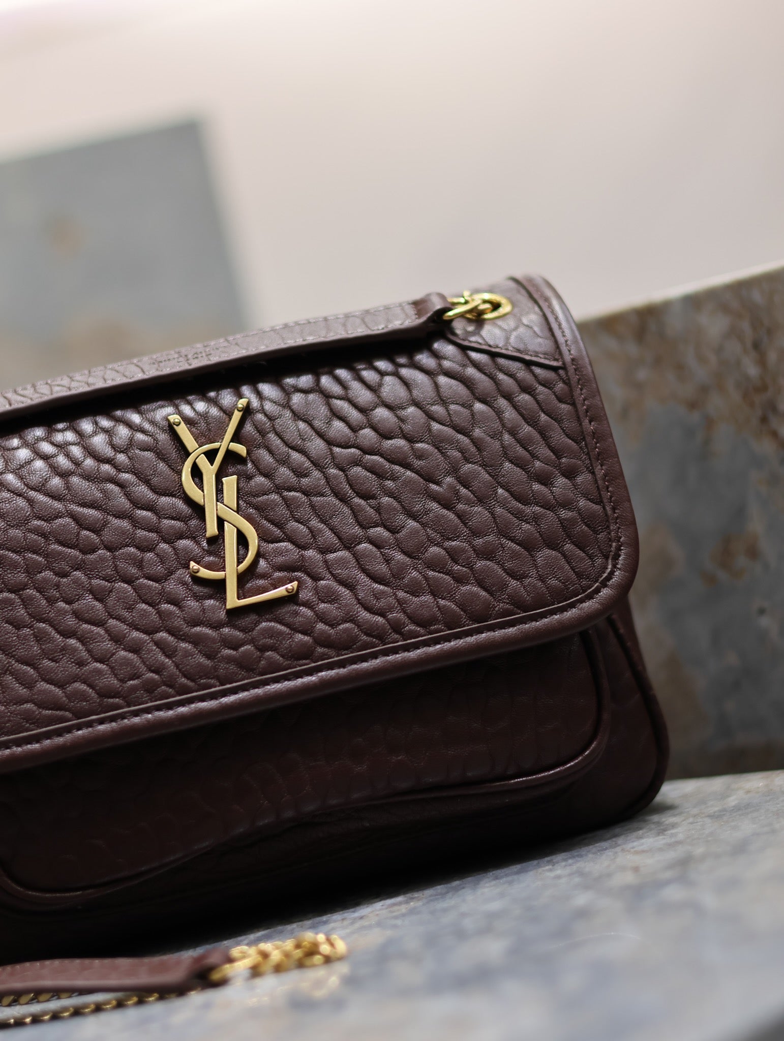 Niki mini crinkled shoulder 22 in Chestnut Brown Lamskin Gold Hardware